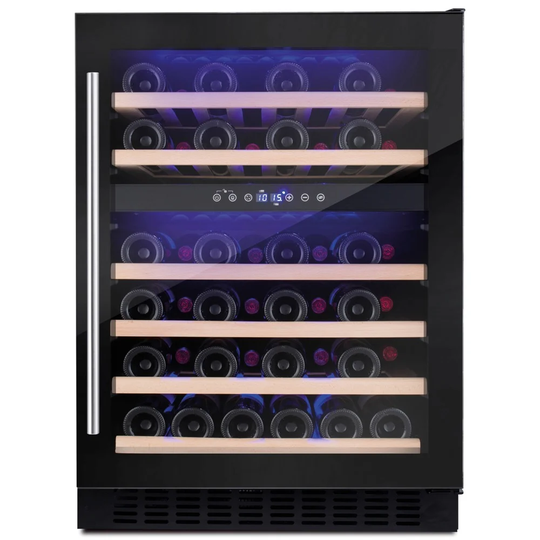 600 MM Freestanding Wine Cooler, 46 Bottle Capacity, Dual Electronic Temp Controlled Zones 5-20, Black Glass