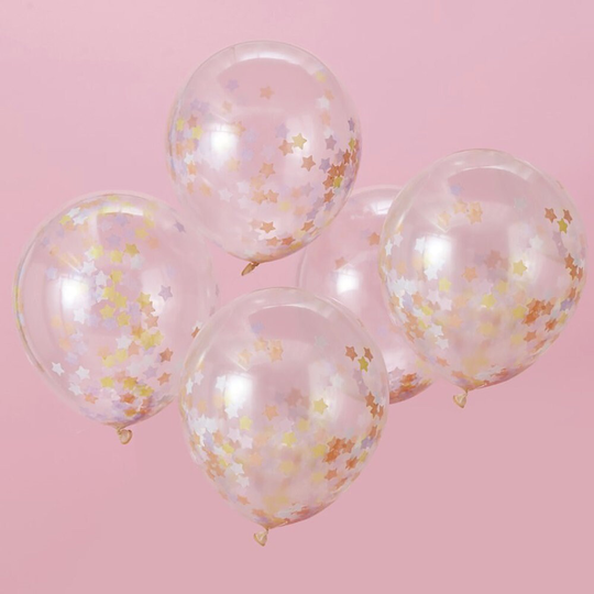 5 Pastel Star Confetti Balloons, Birthday Party Decorations, Hen Baby Shower Decor