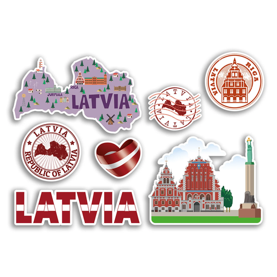 A5 Sticker Sheet Latvia Landmarks Vinyl Stickers - Latvian Country Map Airport Stamps Skyline Flag Travel Holiday City Aesthetic #77536