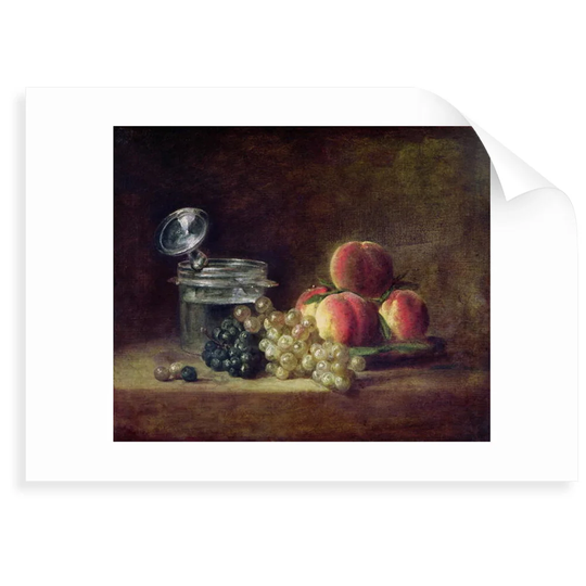 Still Life with a Basket of Peaches, White and Black Grapes with Cooler and Wineglass by Jean Edouard Dargent - Painting Print