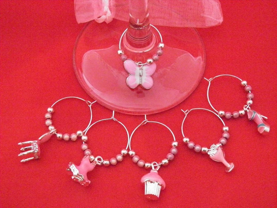 Set Of 6 Silver Plated Something Pink/Lovers Design Wine Glass Charms