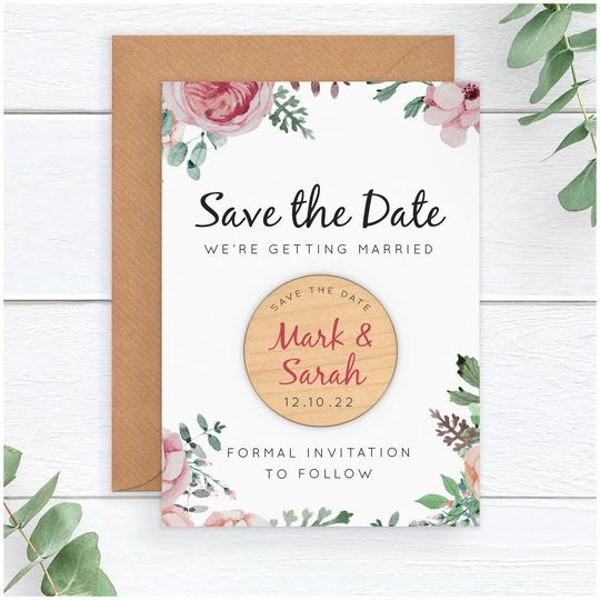 Roses Wedding Save The Date Cards - Personalised Rustic Wooden Fridge Magnet Envelope Floral Spring Summer