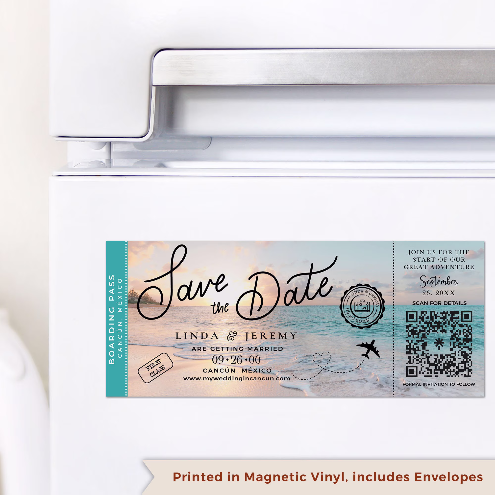 Fridge Magnet Boarding Pass Calligraphy Save The Date With Qr Code Or Couple Picture For A Destination Beach Wedding Travel Theme Wedding