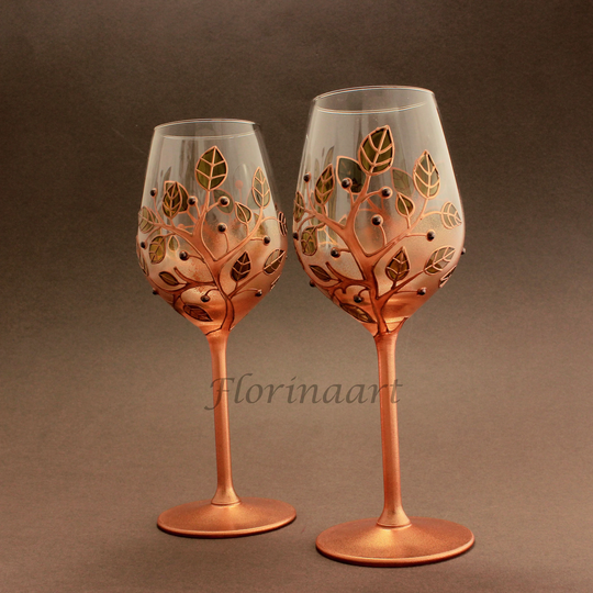 Bronze Tree Of Life Anniversary Glasses, Personalized Couple Gift, Hand Painted 8Th Anniversary Gif, Yggdrasil Viking Celtic Symbol