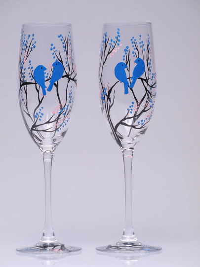 Hand Painted Wedding Toasting Flutes Set Of 2 Personalized Champagne Glasses Black Trees & Navy Blue Birds