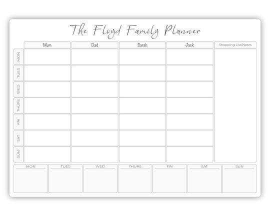 Personalised Weekly Planner Whiteboard, A3 Family Dry Wipe Wall Organiser, Meal Planner, Erase White Board Command Centre