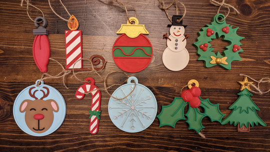 3 D Printed Christmas Ornaments, Light Ornament, Candle, Snowman, Wreath, Reindeer, Candy Cane, Snowflake, Holly Berry, Tree