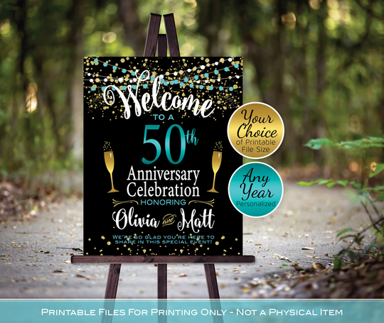 Anniversary Welcome Sign Printable | 50Th Or Any Year Turquoise Garland Lights Gold Confetti Personalized Digital Printable File