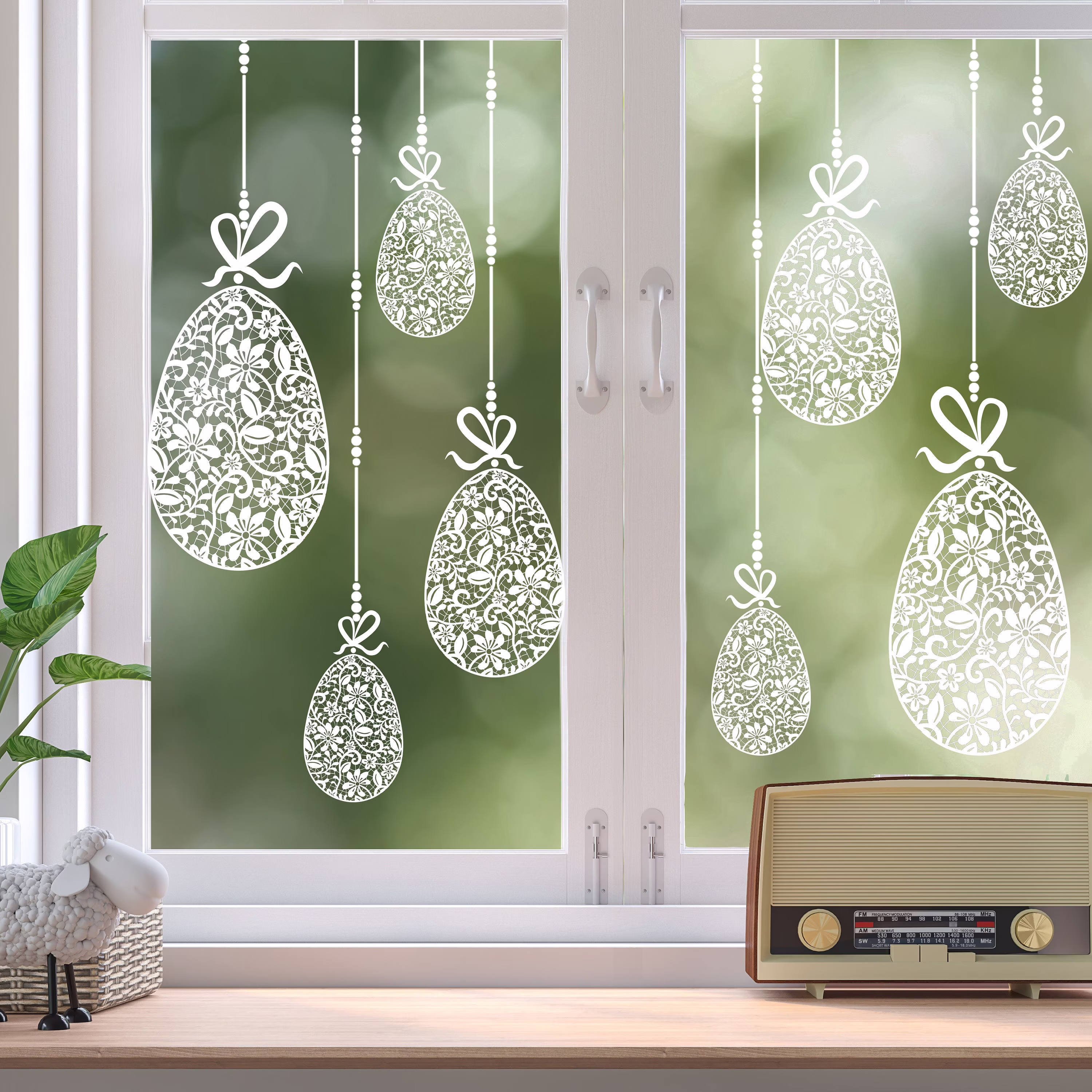 10 Lace Easter Egg Window Stickers | Reusable Non Sticky Cling White Uv Printed Dizzy Duck Decal