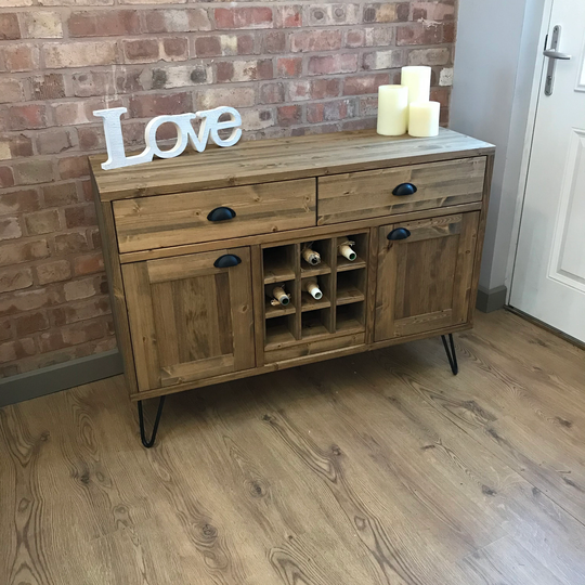 Handmade Solid Pine Industrial Style Sideboard With Wine Rack, Drawers & Cupboards 0088
