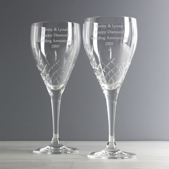stunning Pair Of Crystal Personalised Wine Glasses Comes in A Silk Lined Gift Box Perfect Wedding Or Anniversary - Glass
