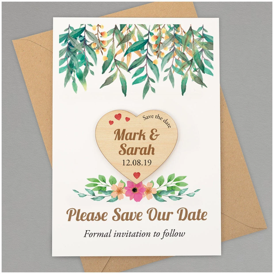 Save The Date Magnet Cards - Wedding Magnets Personalised Wooden Hearts Botanical Floral Dates