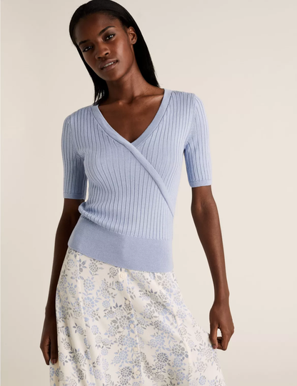 Knitted V-Neck Mock Wrap Top blue