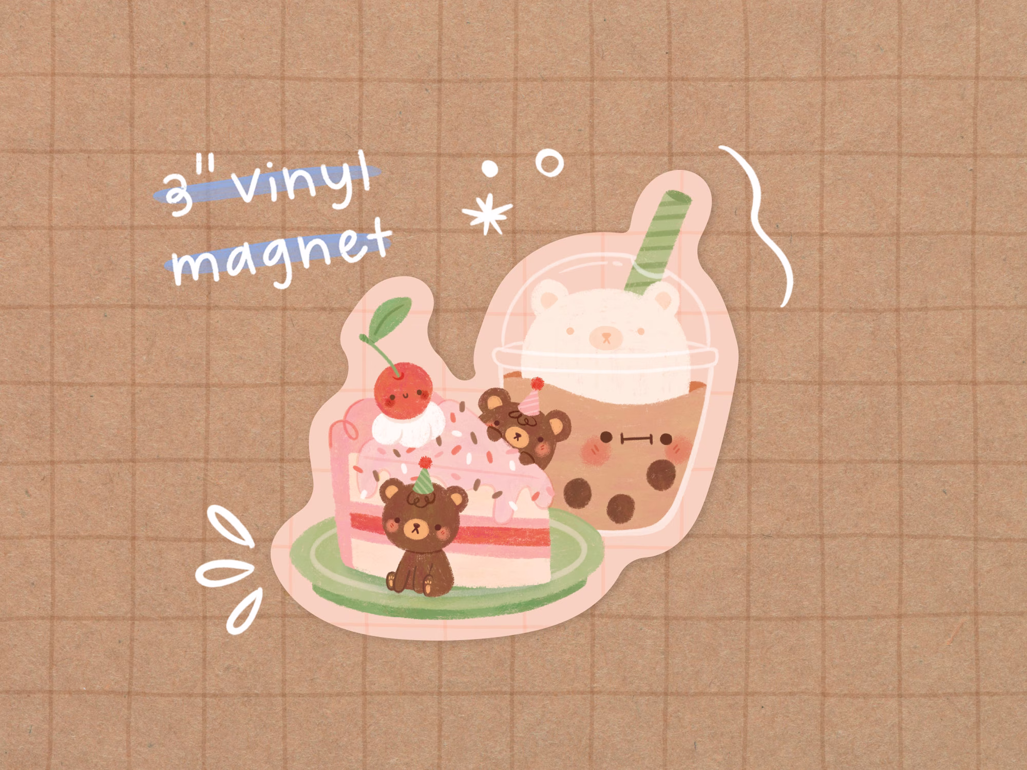 Cake Bear Vinyl Magnet | Kawaii - Cute Stationery Waterproof Sticker Animal Food Boba