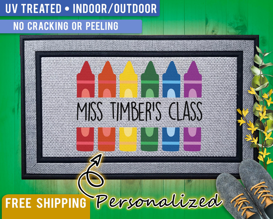 Custom Teacher Door Mat, Classroom Welcome Crayons Xl Mat