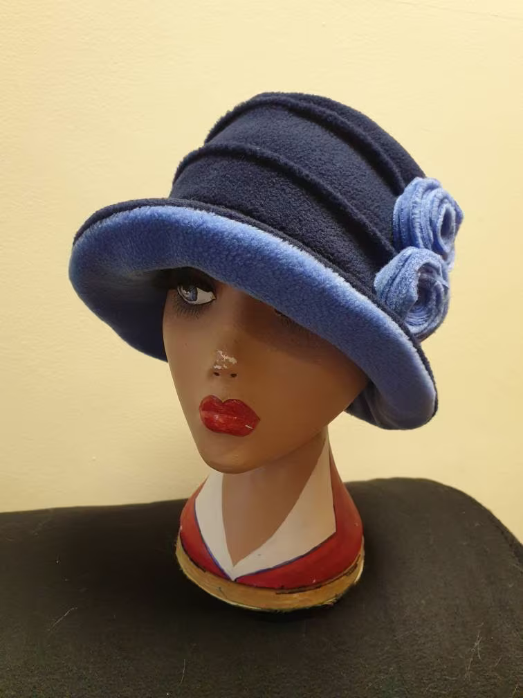 Two Tone Blue Fleece Hat-Fully Lined-Downton Abbey Hat-Womens Winter Hat-Ladies Hat