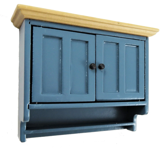 Dolls House Blue & Pine Double Wall Cupboard Modern Miniature Kitchen Furniture