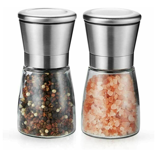 2PCS Salt Pepper Grinder Set Stainless Steel Glass Shaker Adjustable