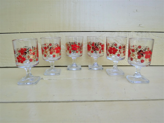 Set Of 6 Vintage 1970S Floral Decorated Wine Glasses, Clear Stems, Square Feet, Drinking Glasses