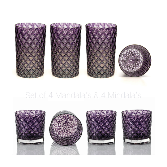 Indigo Mindala & Mandala Glass Set Of 8 - Handblown Glassware | Blown Tumblers Colorful Drinkware Cocktail Glasses Wedding Decor