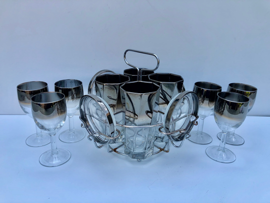Vintage, Silver Fade Bar Set Includes Four, Twisted Paneled Octagon Tumblers in Chrome Caddy With Coasters & Six Small Wine Glasses