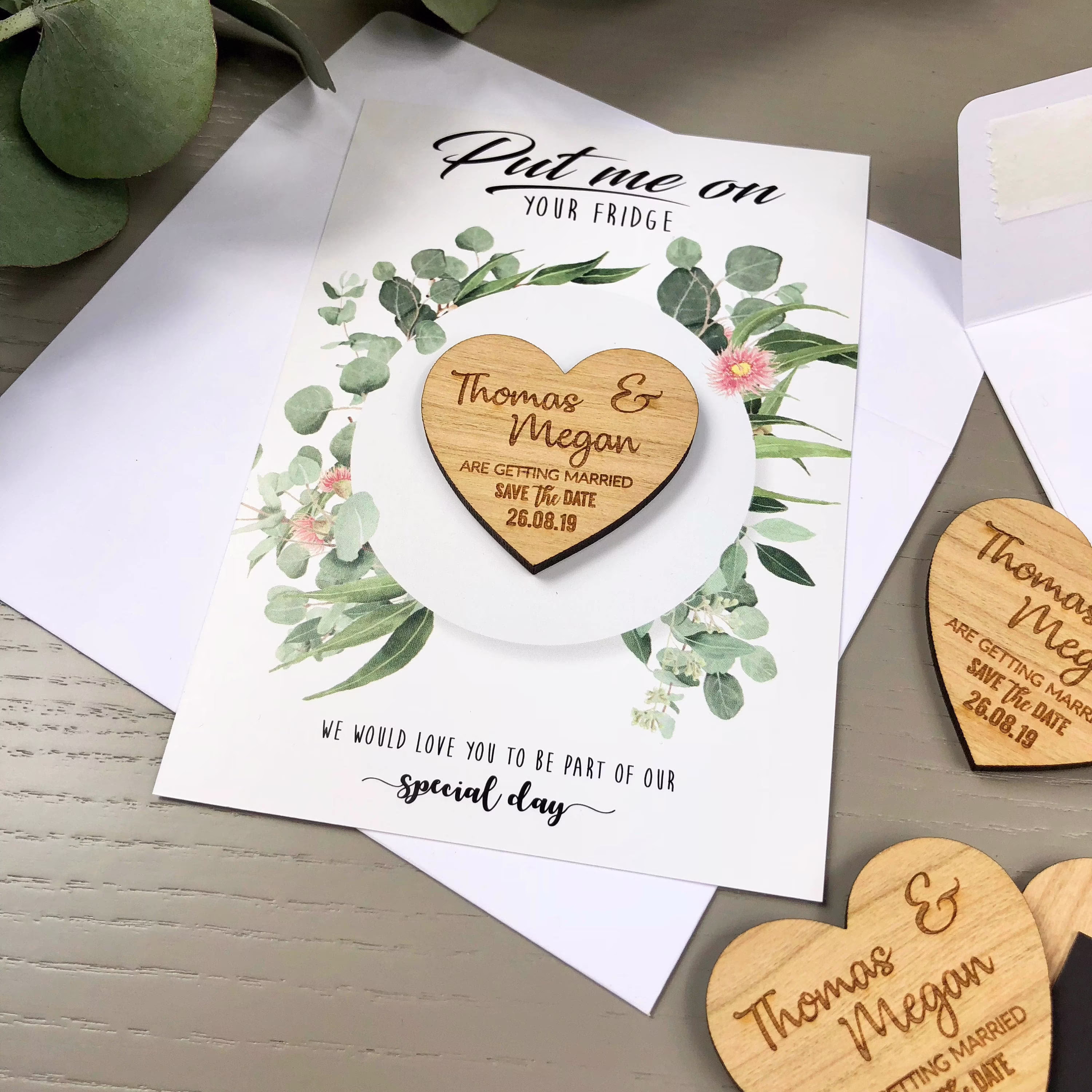 Save The Date Magnet With Cards, Personalised Wedding Invitation, Greenery Eucalyptus Boho Summer Fall, Wooden Dates - Botanical