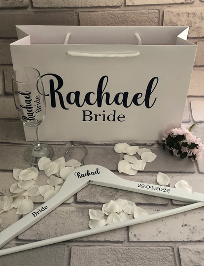 Bridal Party Proposal Gift Set, Maid Of Honour Idea, White Wooden Hanger, Champagne Flute, Wedding Proposal