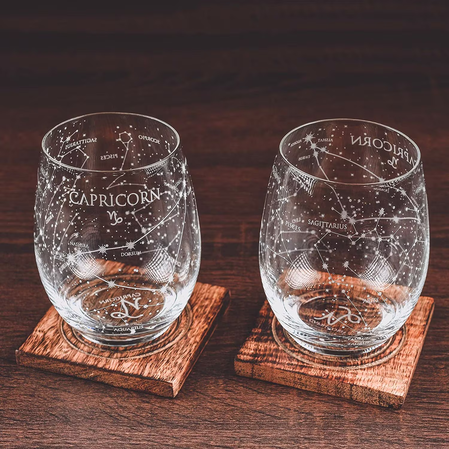 Capricorn Stemless Wine Glasses | Zodiac Set Hand Etched - Astrology Sign Glassware 15 Oz | Set Of 2