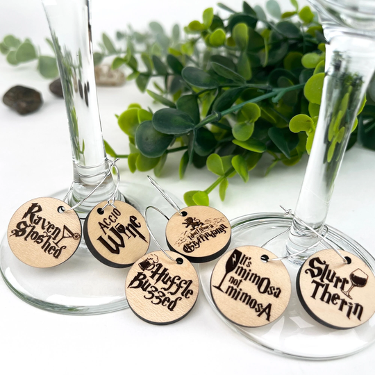 Wizard Wine Charms, Set Of 6 Wizarding Laser Engraved Wood Drink Markers
