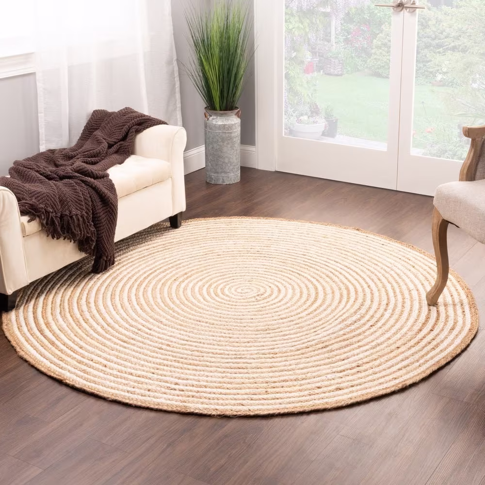Off White Natural Handwoven Round Jute Rug For Living Room & Bedroom, Boho Rug, Circle Yoga Mat
