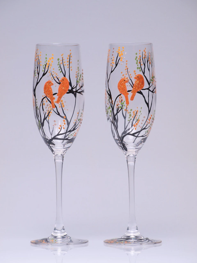 I Love It Wedding Toasting Flutes Set Of 2 Personalized Champagne Glasses Trees & Golden Orange Birds