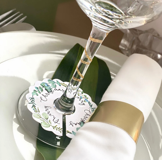 Festive Wine Glass Collars Wine Accessory, Eucalyptus Wreath With Merry Christmas Table Decorations, Natural Decor, Party