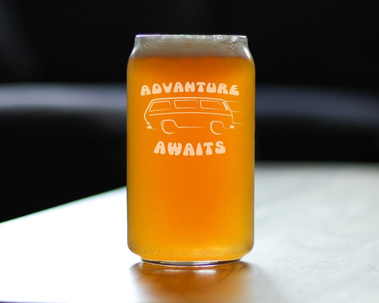 Advanture Awaits - Cute Funny Beer Can Pint Glass, Etched Sayings, Camper & Van Life Gifts For Adventurous Women & Men