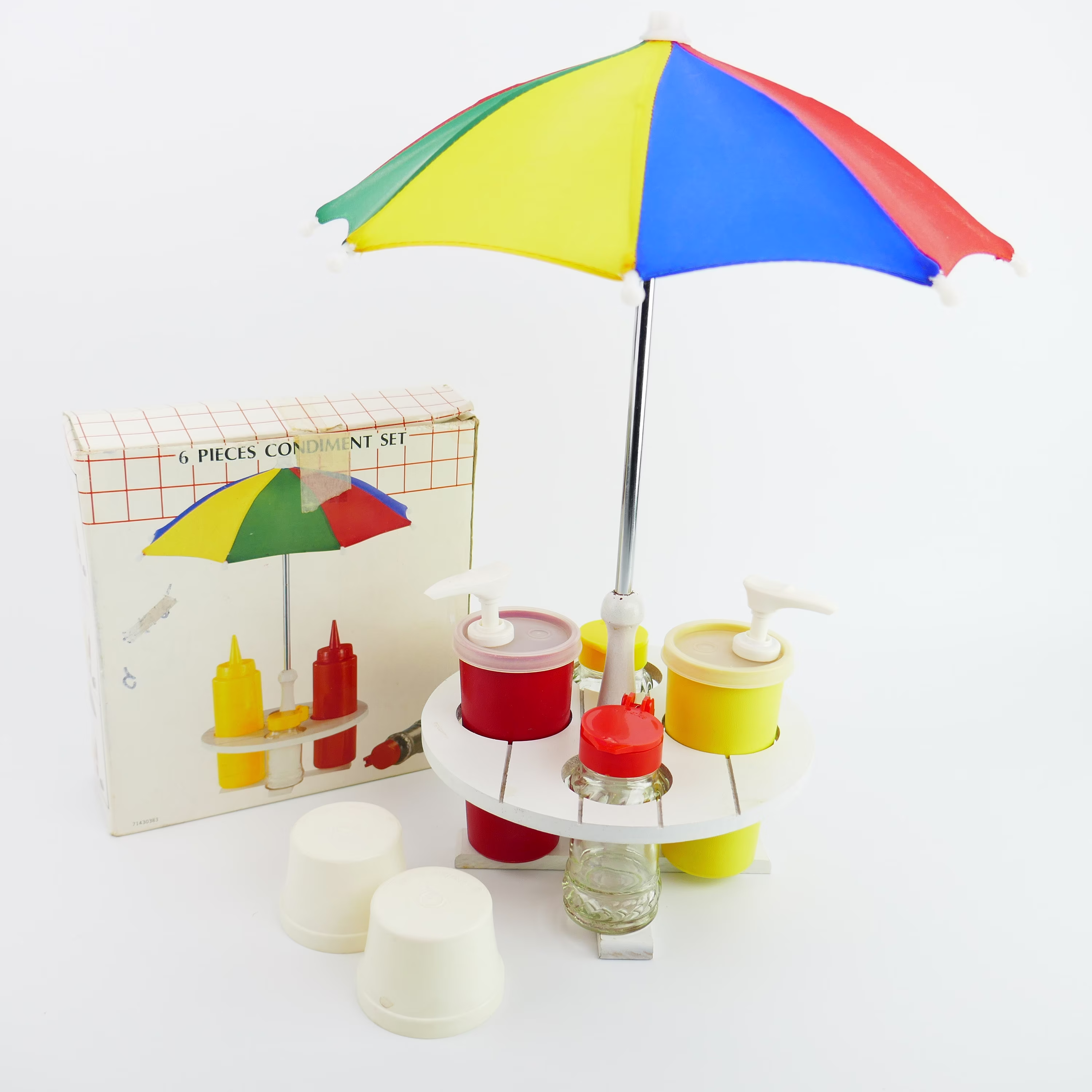 Vintage 6 Pieces Condiment Set Shakers Salt Pepper Mustard Ketchup Tupperware Rainbow Umbrella Rack