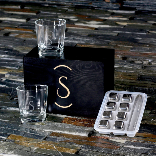 Whisky Rocccks Personalised Bar Set Of 2 Whiskey Glasses, Steel Ice Cubes, 1 Tong in Keepsake Gift Box - Ideal For Swiggin'