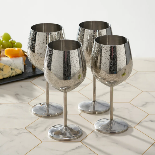 4 Silver Stainless Steel Wine Glass Shatterproof Party Glasses Gift Set - 500Ml