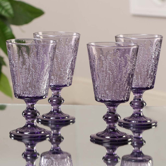 Set Of 4 Purple Embossed Wine Glass Goblets 295Ml Dishwasher Safe Lavender Design Dinner Party Glassware