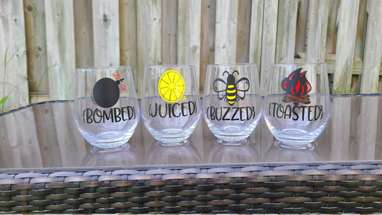 stemless Wine Glasses - Summertime Patio Drinks Fun Gifts Buzzed-Lit-Trashed-Hammered-Smashed-Juiced-Bombed-Shipfaced-Toasted
