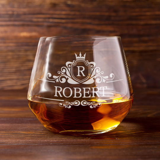 Personalised Regal Frame Initial Engraved Stemless Glass | Whiskey Port Brandy Liqueur Wine Gin