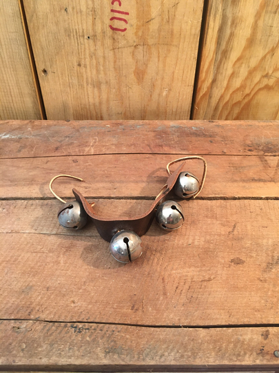 Vintage Bells On Leather Strap, Carriage Sleigh Bells, Primitive Decor Brass, Rustic