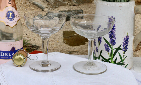 Pair Of Mismatched French Vintage Champagne Coupes Glasses Cafe Bar Chic