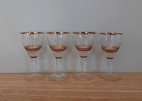 Vintage Drinking Glasses Wine Set Of 4 Gold Etched Modernist Luminarc Glasses Cocktail Party Liquor Shot