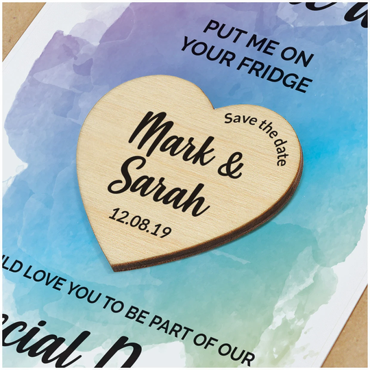 Watercolour Save The Date Cards - Personalised Heart Magnets Wooden + Envelopes