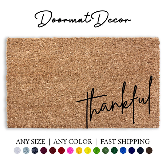 Thankful Script Doormat, Flocked Coir Outdoor Welcome Door Mat, Personalized Custom Rug, Holiday Thanksgiving Fall Autumn Halloween Decor
