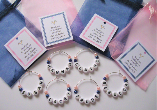 Personalised Wedding Favour - Navy & Baby Pink Name Wine Glass Charms