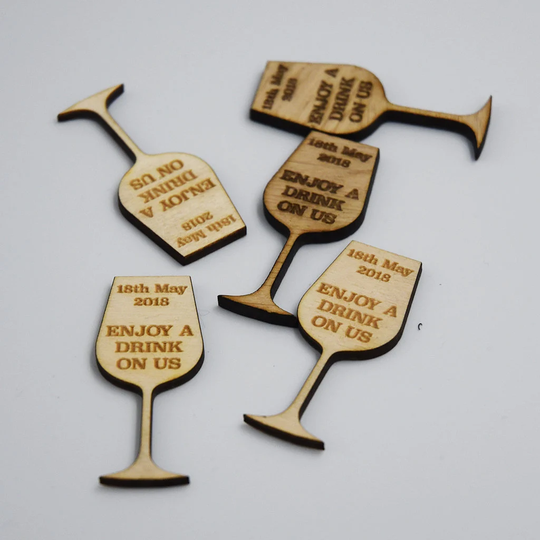 Personalised Wedding Guest Drinks Tokens | 10, Drink On Us Token, Wine Glass Personalise Wooden Token