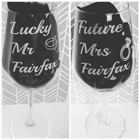 Pair Of Engraved Wine Glasses - Lucky Mr, Future Mrs, Personalised, Engagement, Bride To Be Choice