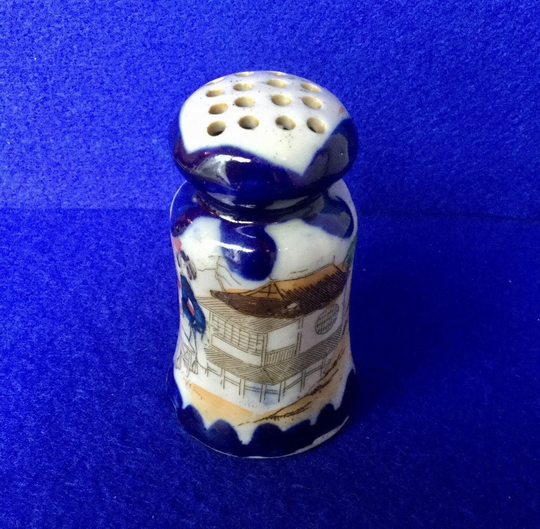 Delightful Antique 19Th Century Chinese Ceramic Pounce Or Pepper Pot With Transfer Printed Design & Hand Finished Blue Glaze