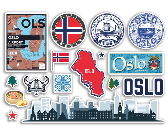 A5 Sticker Sheet Oslo Landmarks Vinyl Stickers - Norway Norwegian Airport Stamps Skyline Scrapbooking Travel Holiday City Luggage #79124