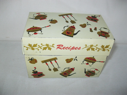 Vintage Tin Recipe Box. Ohio Art. Red, Gold & Black Graphics On Cream Background. | R2